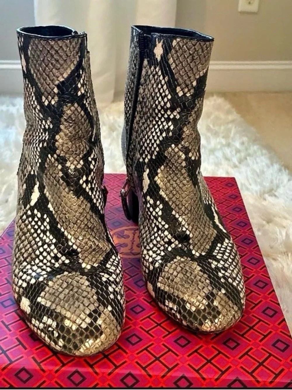 Tory Burch Snake-Print Block Heel Ankle Boot - Black & Cream